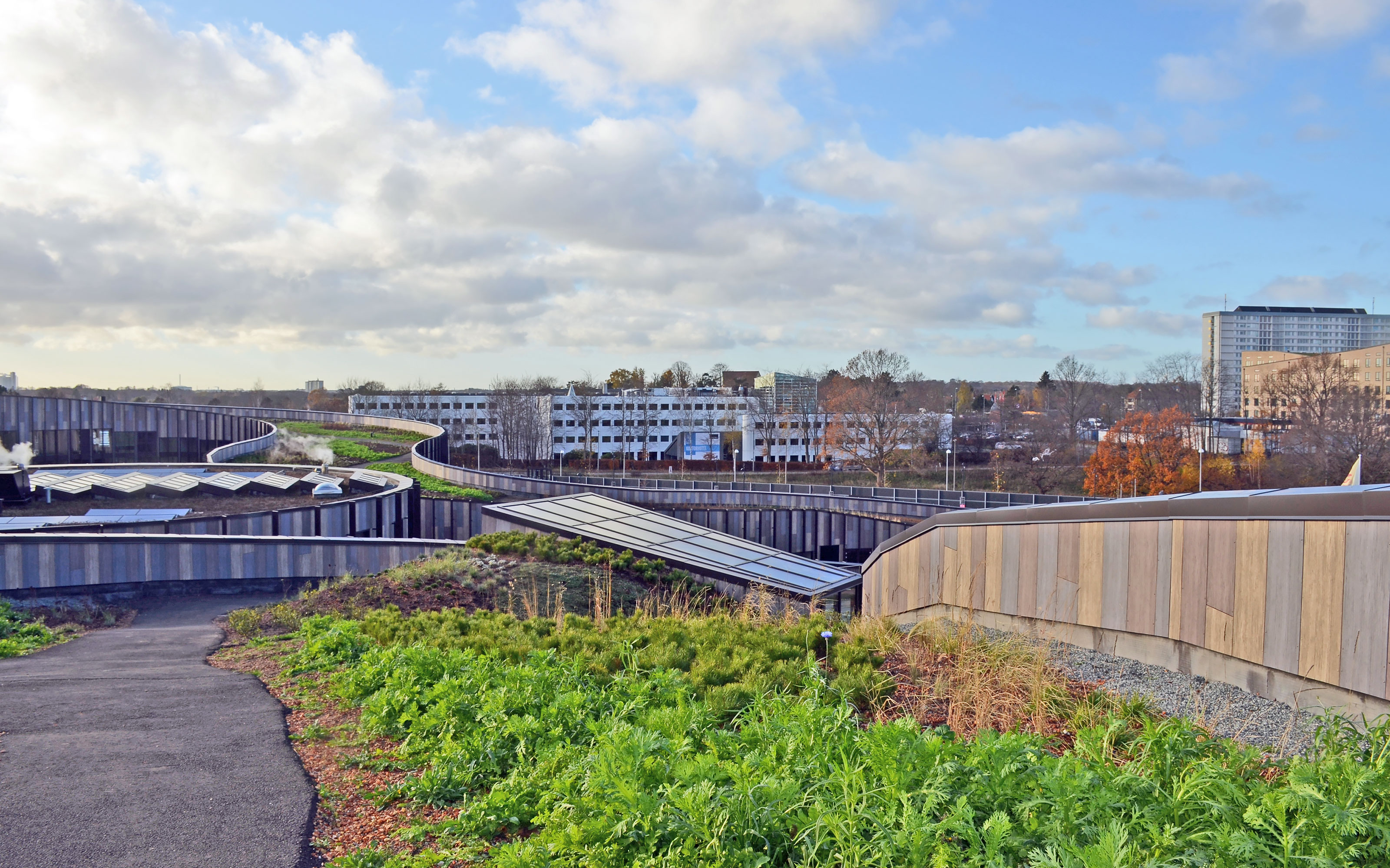 The path on the roof rises 22 meters from ground level to the highest point on top of the 6th floor. View from a green roof